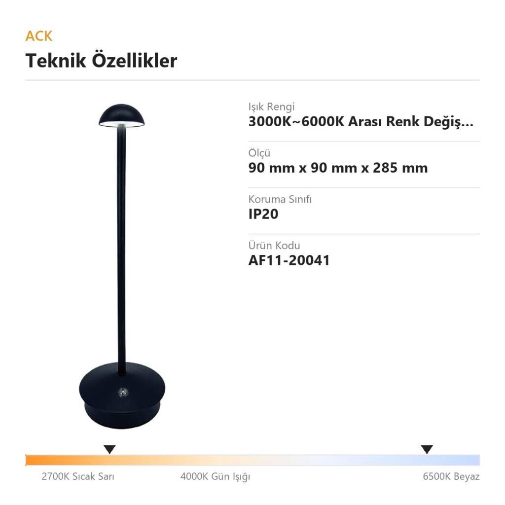 ACK Siyah Metal Gövdeli LED Dokunmatik Masa Lambası (3000K~6000K) AF11-20041 - 4