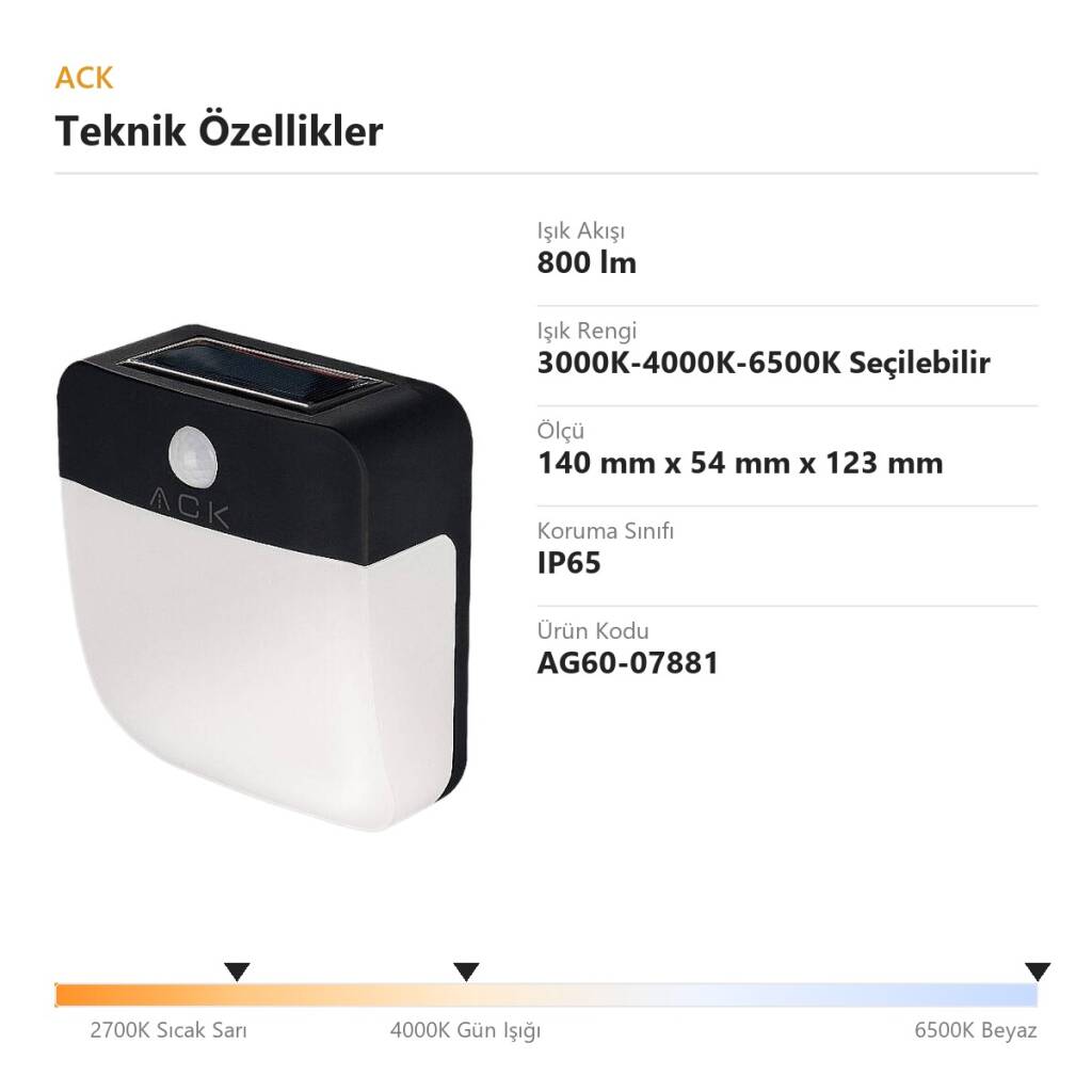 ACK Solar Bahçe Lambası 3000K-4000K-6500K Seçilebilir 800 lm AG60-07881 - 4