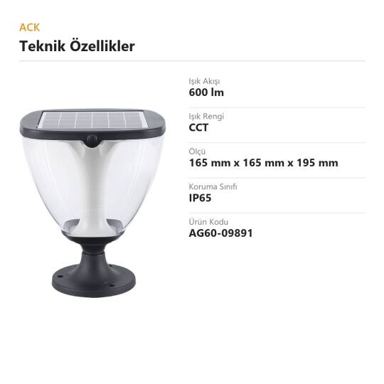 ACK Solar Bahçe Lambası CCT 600 lm AG60-09891 - 4