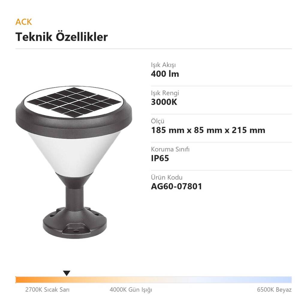 ACK Solar Bahçe Lambası (Opak Cam) 3000K 400 lm AG60-07801 - 4
