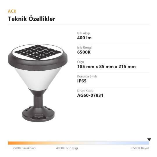 ACK Solar Bahçe Lambası (Opak Cam) 6500K 400 lm AG60-07831 - 4