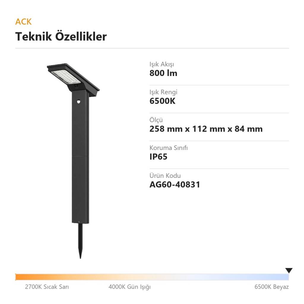 ACK Solar Bahçe Lambası (PIR Hareket Sensörlü) 6500K 800 lm AG60-40831 - 4