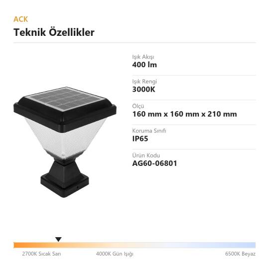 ACK Solar Bahçe Lambası (Şeffaf Cam) 3000K 400 lm AG60-06801 - 4