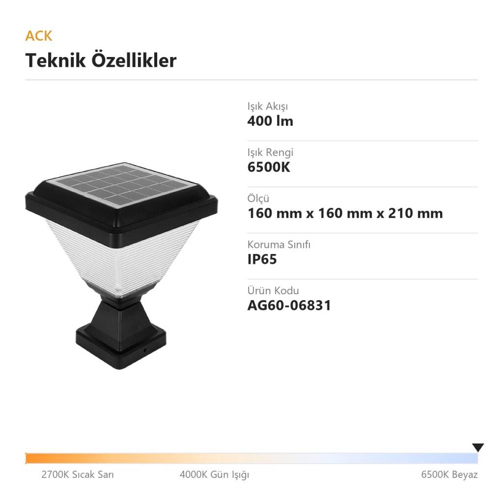 ACK Solar Bahçe Lambası (Şeffaf Cam) 6500K 400 lm AG60-06831 - 4