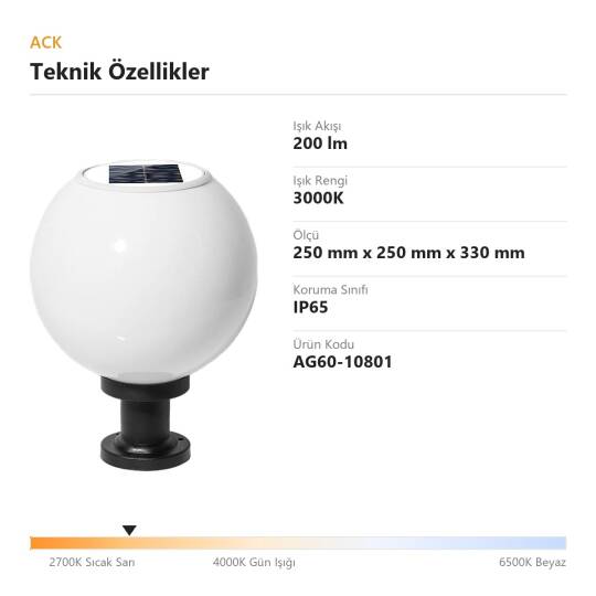 ACK Solar Bahçe Lambası (Silindir) 3000K 200 lm AG60-10801 - 4