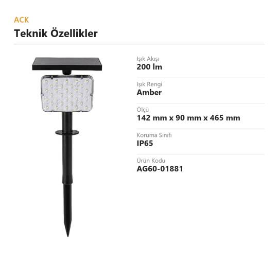 ACK Solar Çim Armatürü (Döner Kafa) Amber 200 lm AG60-01881 - 4