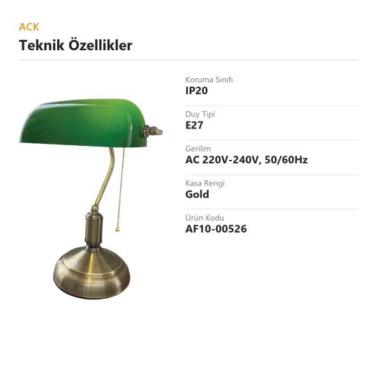 ACK Yeşil Camlı Gold Kasa Banker Masa Lambası AF10-00526 - 4