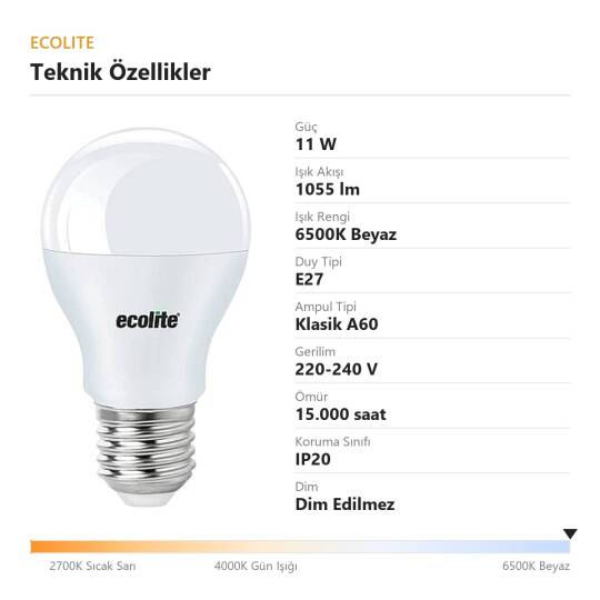 Ecolite 11W BEYAZ 6500K LED CLASSIC A60 Ampul 220V Opal cam 1055 Lümen 15.000 Saat Ömür - 4