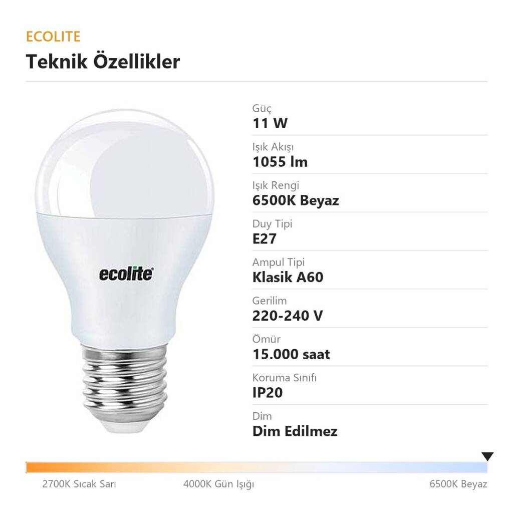 Ecolite 11W BEYAZ 6500K LED CLASSIC A60 Ampul 220V Opal cam 1055 Lümen 15.000 Saat Ömür - 4