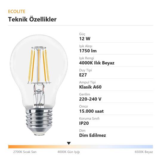 Ecolite 12W ILIK BEYAZ 4000K LED FILAMENT CLASSIC Ampul 220V Şeffaf Cam 15.000 Saat Ömür - 4