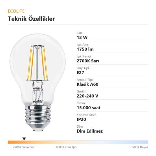 Ecolite 12W SARI 2700K LED FILAMENT CLASSIC Ampul 220V Şeffaf Cam 15.000 Saat Ömür - 4