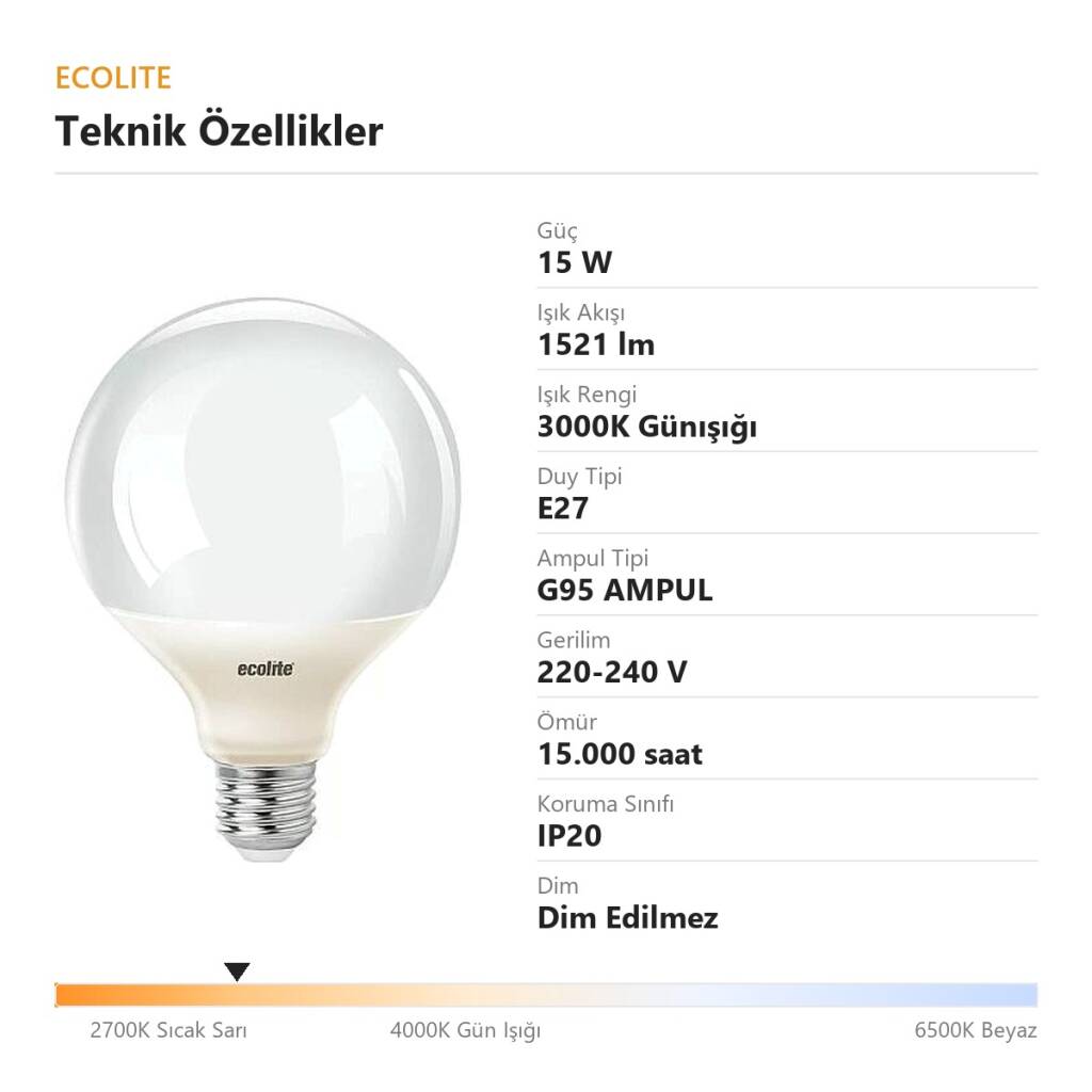 ECOLİTE 15W GÜNIŞIĞI 3000K LED GLOBE G95 Ampul : 220V - Opal cam - 1521 LM - 15.000 saat ömür  - 4