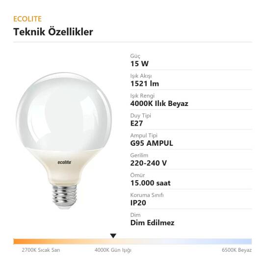 ECOLİTE 15W ILIK BEYAZ 4000K LED GLOBE G95 Ampul : 220V - Opal cam - 1521 LM - 15.000 saat ömür - 4