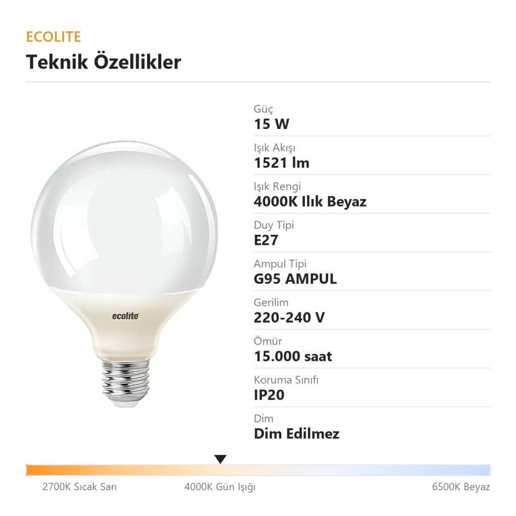 ECOLİTE 15W ILIK BEYAZ 4000K LED GLOBE G95 Ampul : 220V - Opal cam - 1521 LM - 15.000 saat ömür - 4