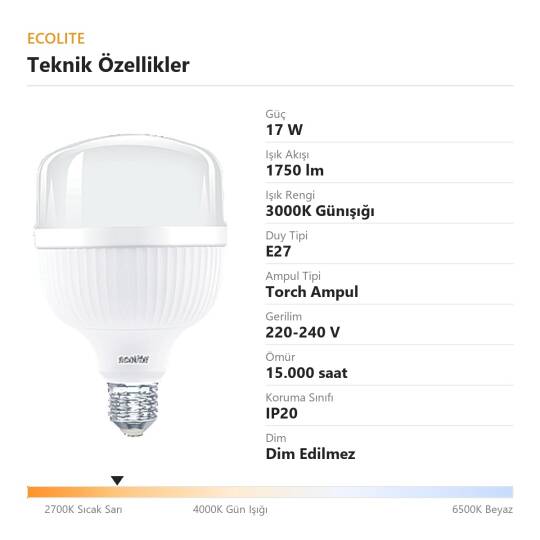 ECOLİTE 17W GÜNIŞIĞI 3000K LED JUMBO T70 Ampul : 220V - Opal cam - 1.750LM - 15.000 saat ömür - 4