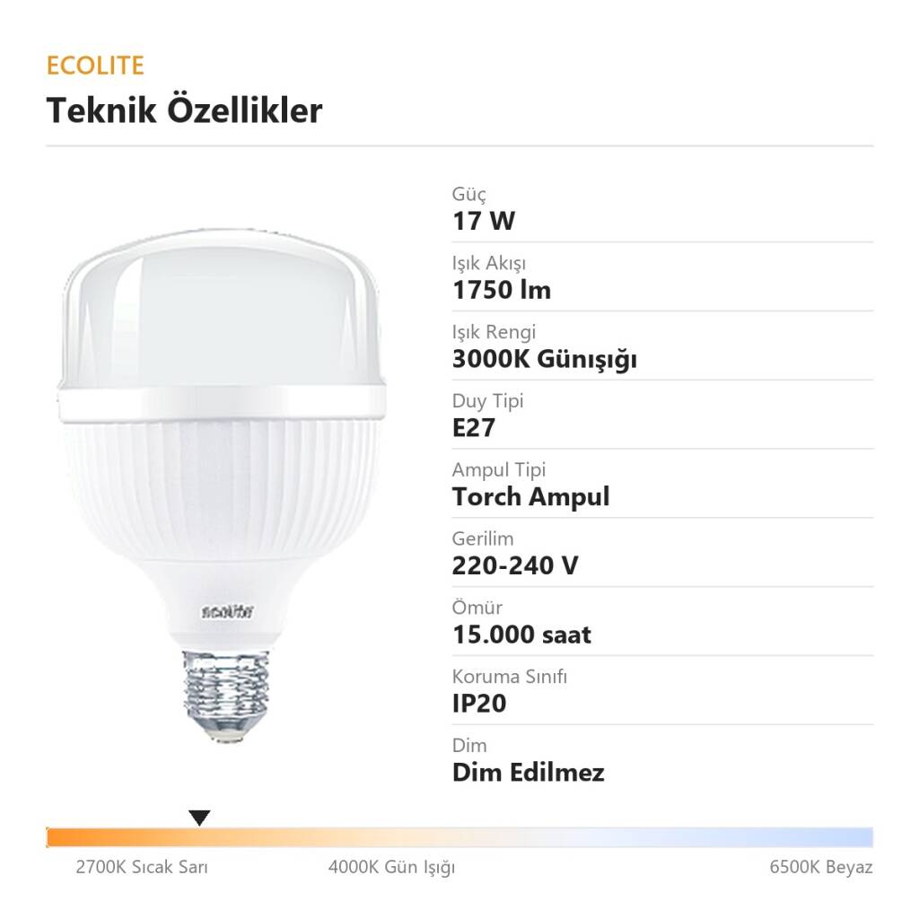ECOLİTE 17W GÜNIŞIĞI 3000K LED JUMBO T70 Ampul : 220V - Opal cam - 1.750LM - 15.000 saat ömür - 4