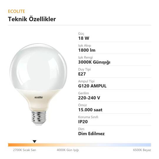 ECOLİTE 18W GÜNIŞIĞI 3000K LED GLOBE G120 Ampul : 220V - Opal cam - 1800LM - 15.000 saat ömür  - 4