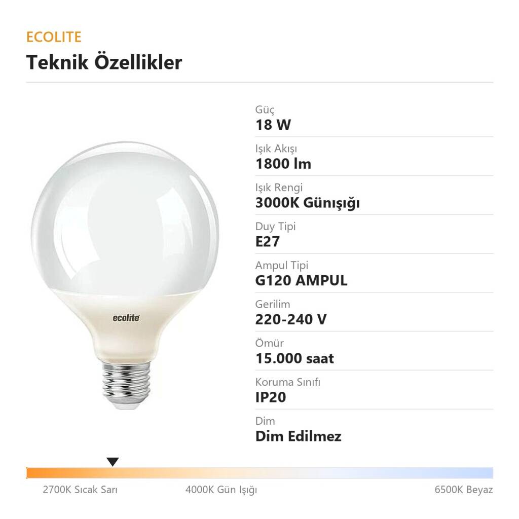 ECOLİTE 18W GÜNIŞIĞI 3000K LED GLOBE G120 Ampul : 220V - Opal cam - 1800LM - 15.000 saat ömür  - 4