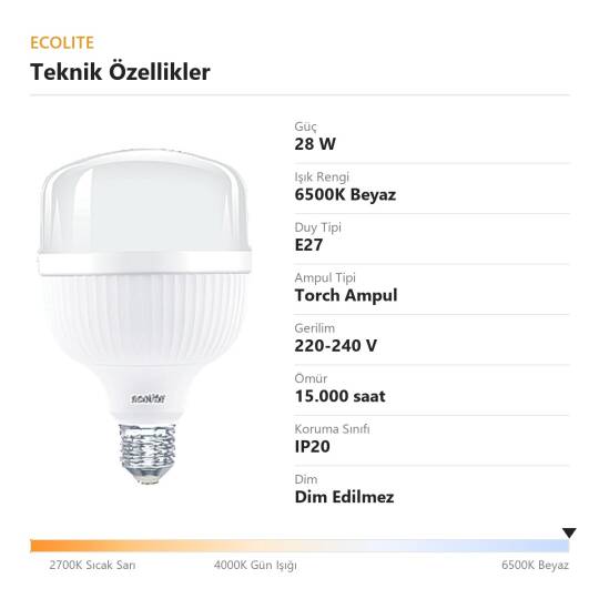 ECOLİTE 28W BEYAZ 6500K LED JUMBO T100 Ampul : 220V - Opal cam - 6500K = 3000LM  - 4