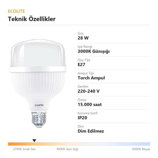 ECOLİTE 28W GÜNIŞIĞI 3000K LED JUMBO T100 Ampul : 220V - Opal cam   - 4