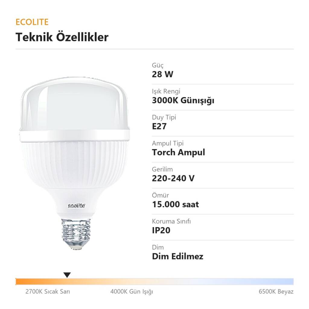 ECOLİTE 28W GÜNIŞIĞI 3000K LED JUMBO T100 Ampul : 220V - Opal cam   - 4