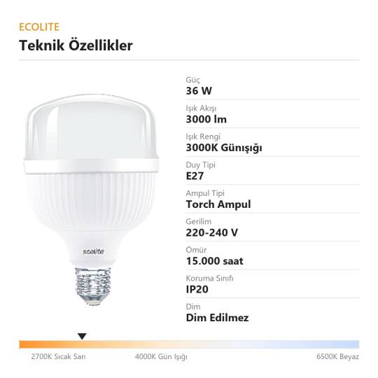 ECOLİTE 36W GÜNIŞIĞI 3000K LED JUMBO T115 Ampul : 220V - Opal cam 15.000 saat ömür - 4