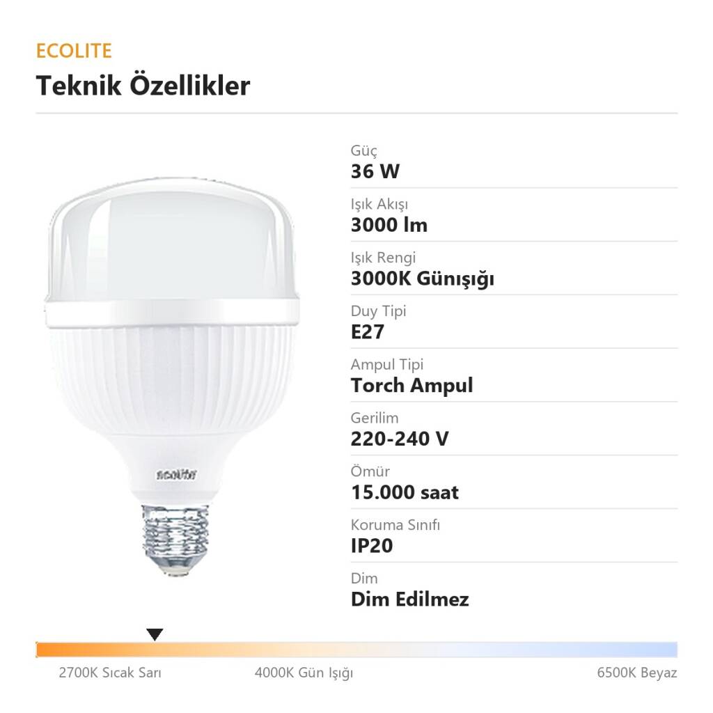 ECOLİTE 36W GÜNIŞIĞI 3000K LED JUMBO T115 Ampul : 220V - Opal cam 15.000 saat ömür - 4