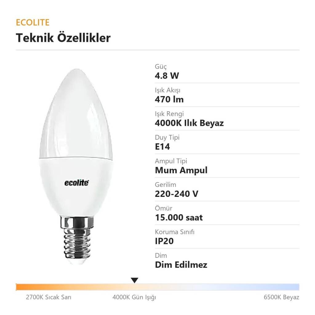 ECOLİTE 4,8W ILIK BEYAZ 4000K LED CANDLE Ampul : 220V -Opal cam - 470 Lümen 15.000 saat ömür  - 4