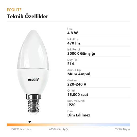 ECOLİTE 4,8W GÜNIŞIĞI 3000K LED CANDLE Ampul : 220V -Opal cam - 470 Lümen 15.000 saat ömür - 4