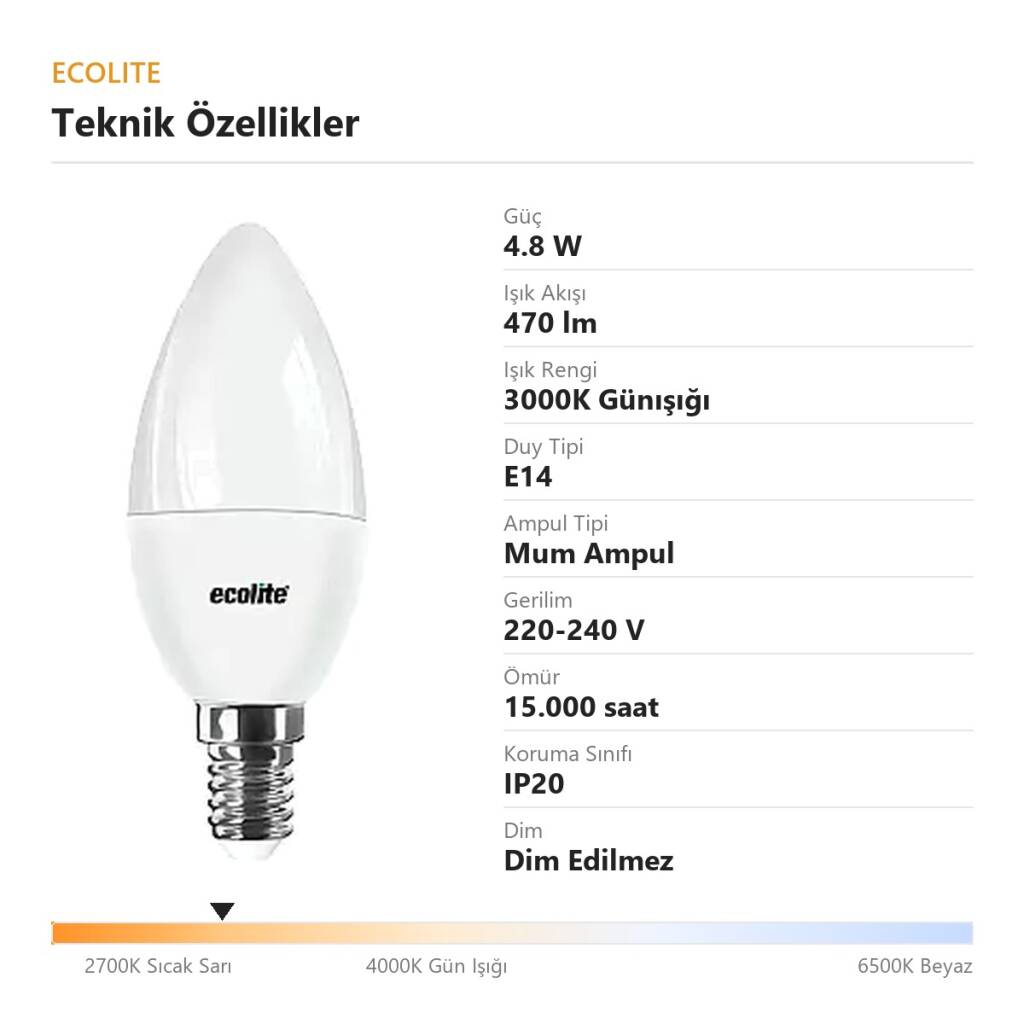 ECOLİTE 4,8W GÜNIŞIĞI 3000K LED CANDLE Ampul : 220V -Opal cam - 470 Lümen 15.000 saat ömür - 4