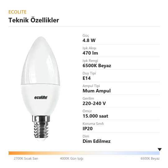ECOLİTE 4,8W BEYAZ 6500K LED CANDLE Ampul : 220V -Opal cam - 470 Lümen 15.000 saat ömür - 4