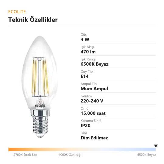 Ecolite 4W BEYAZ 6500K LED FILAMENT CANDLE Ampul 220V Şeffaf Cam 470 lümen 15.000 Saat Ömür - 4