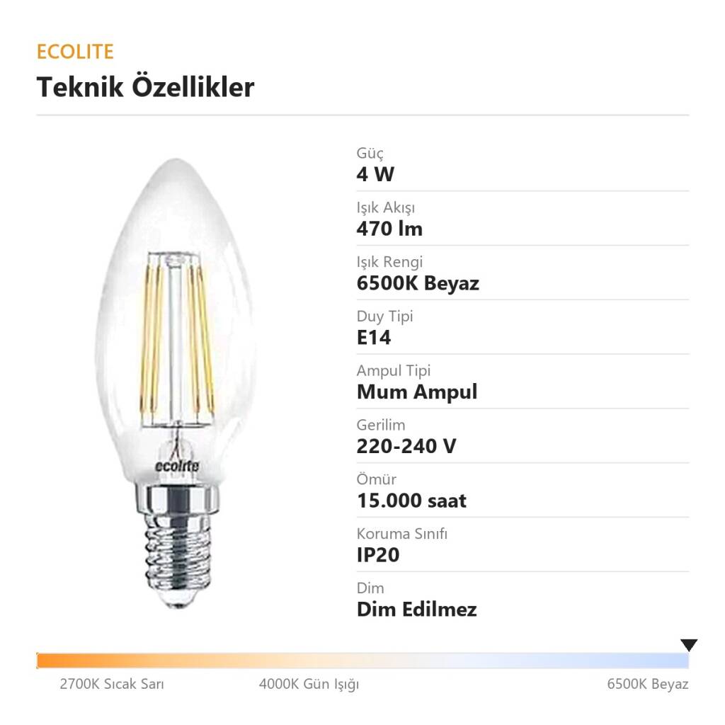 Ecolite 4W BEYAZ 6500K LED FILAMENT CANDLE Ampul 220V Şeffaf Cam 470 lümen 15.000 Saat Ömür - 4