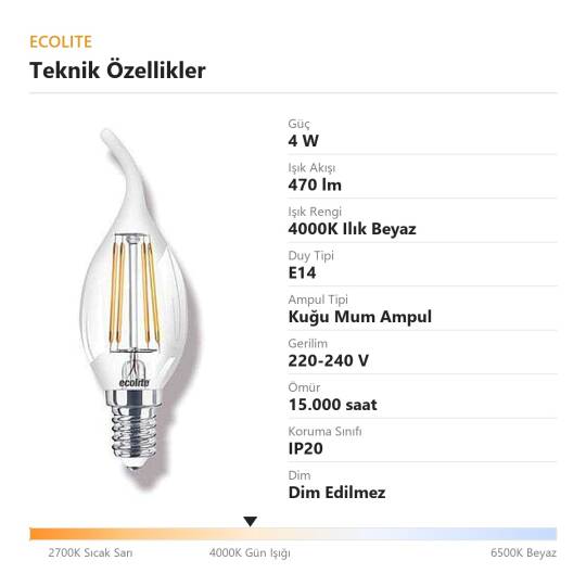 Ecolite 4W ILIK BEYAZ 4000K LED FILAMENT CANDLE FLAME Ampul 220V Şeffaf Cam 470 lümen 15.000 Saat Ömür - 4
