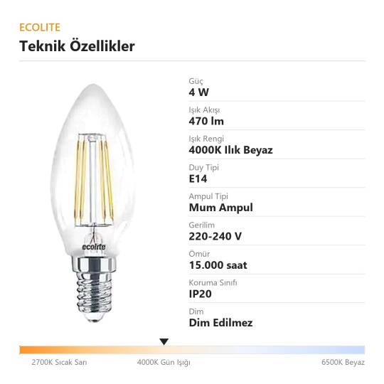 Ecolite 4W ILIK BEYAZ 4000KLED FILAMENT CANDLE Ampul 220V Şeffaf Cam 470 lümen 15.000 Saat Ömür - 4