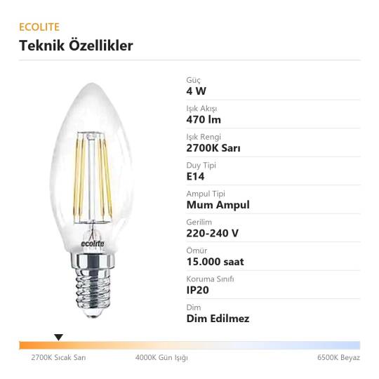 Ecolite 4W ILIK SARI 2700K LED FILAMENT CANDLE Ampul 220V Şeffaf Cam 470 lümen 15.000 Saat Ömür - 4