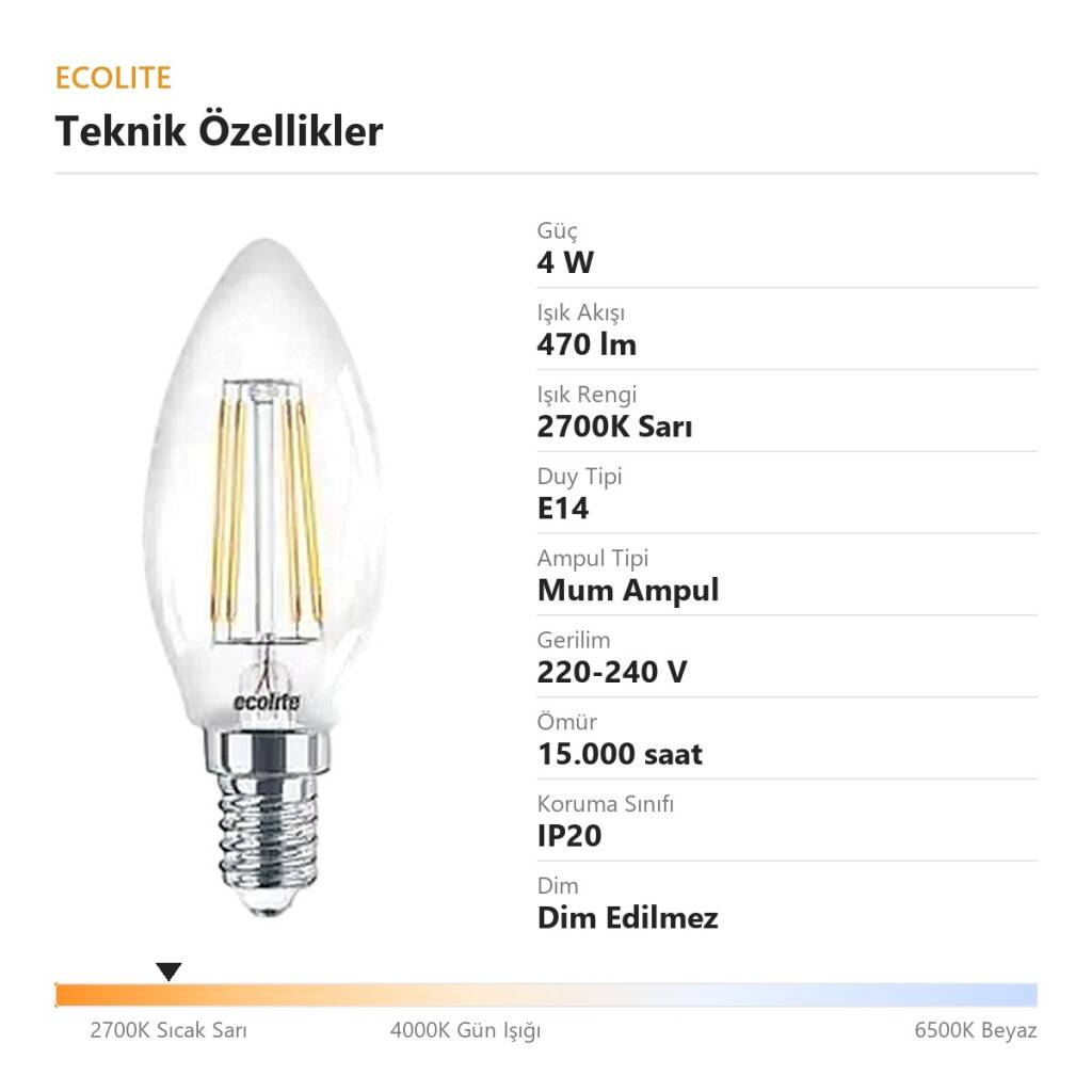 Ecolite 4W ILIK SARI 2700K LED FILAMENT CANDLE Ampul 220V Şeffaf Cam 470 lümen 15.000 Saat Ömür - 4