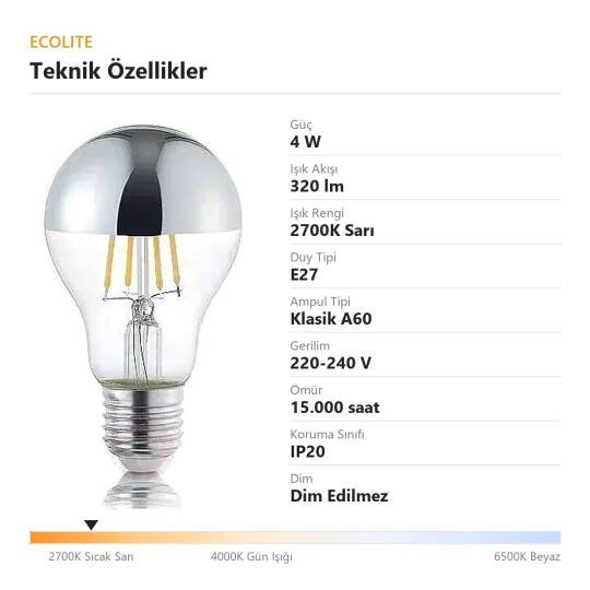 Ecolite 4W LED CROWN SILVER A60 Ampul 220V 320 Lümen 15.000 Saat Ömür - 4