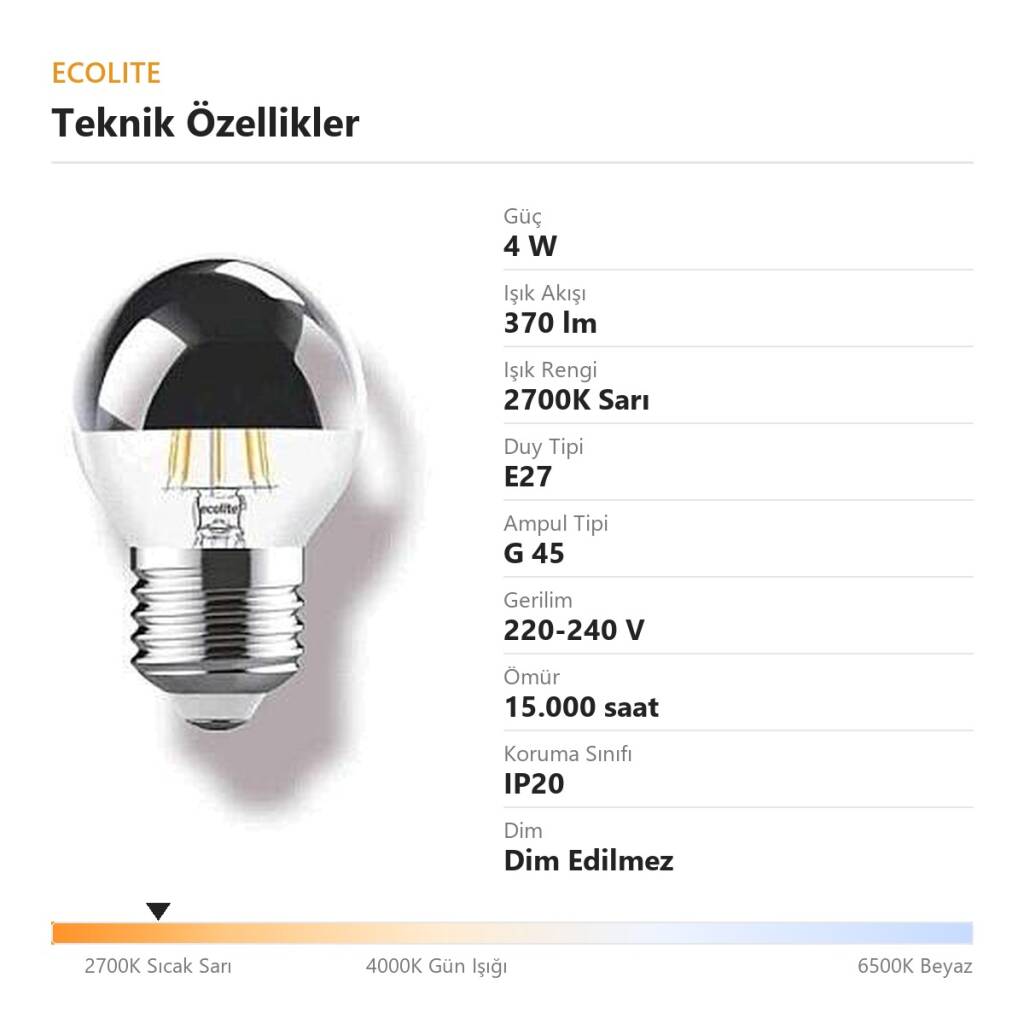 Ecolite 4W LED CROWN SILVER G45 Ampul 220V 370 Lümen 15.000 Saat Ömür - 4