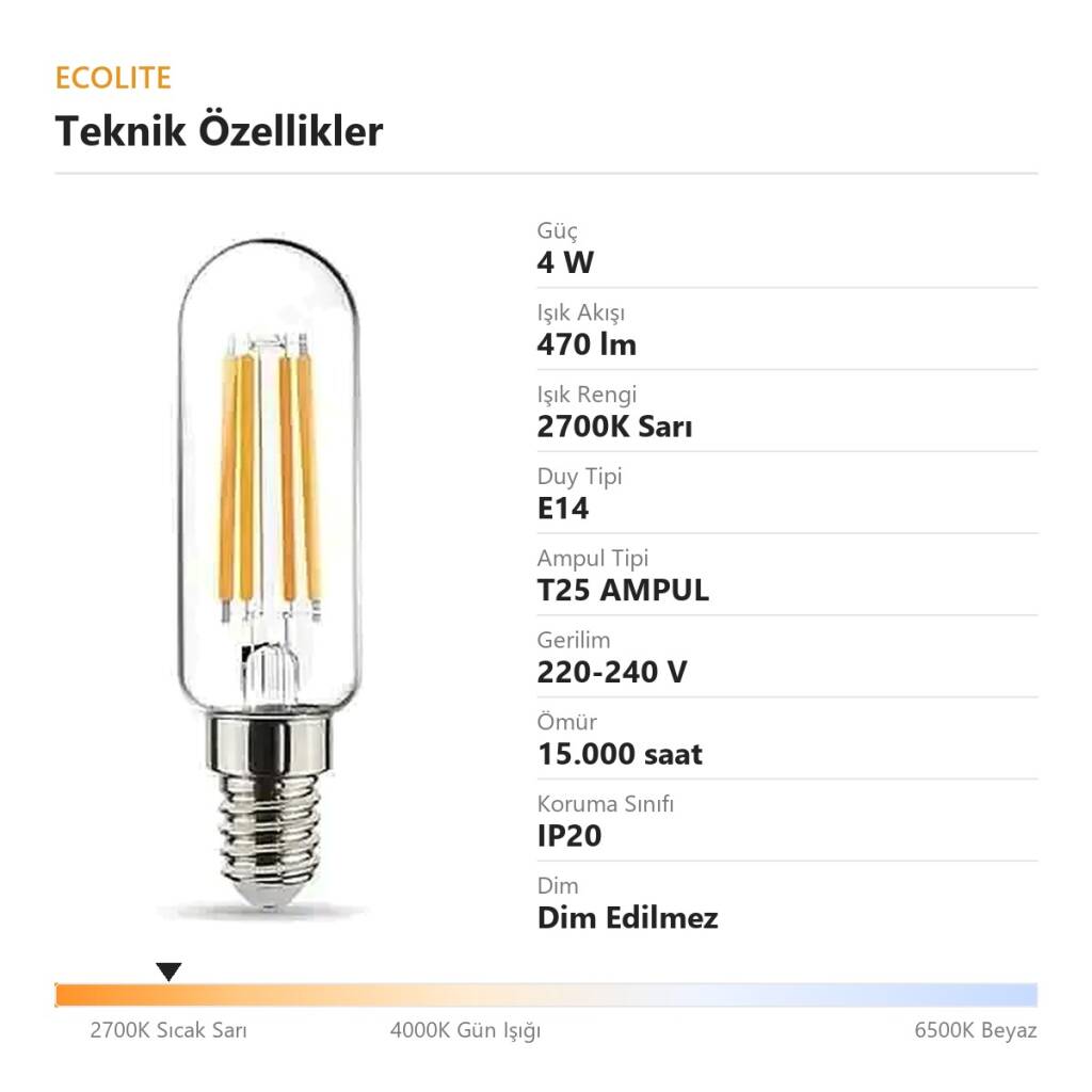 Ecolite 4W LED FILAMENT T25 Ampul 220V Şeffaf cam 470 Lümen 15.000 saat ömür - 4
