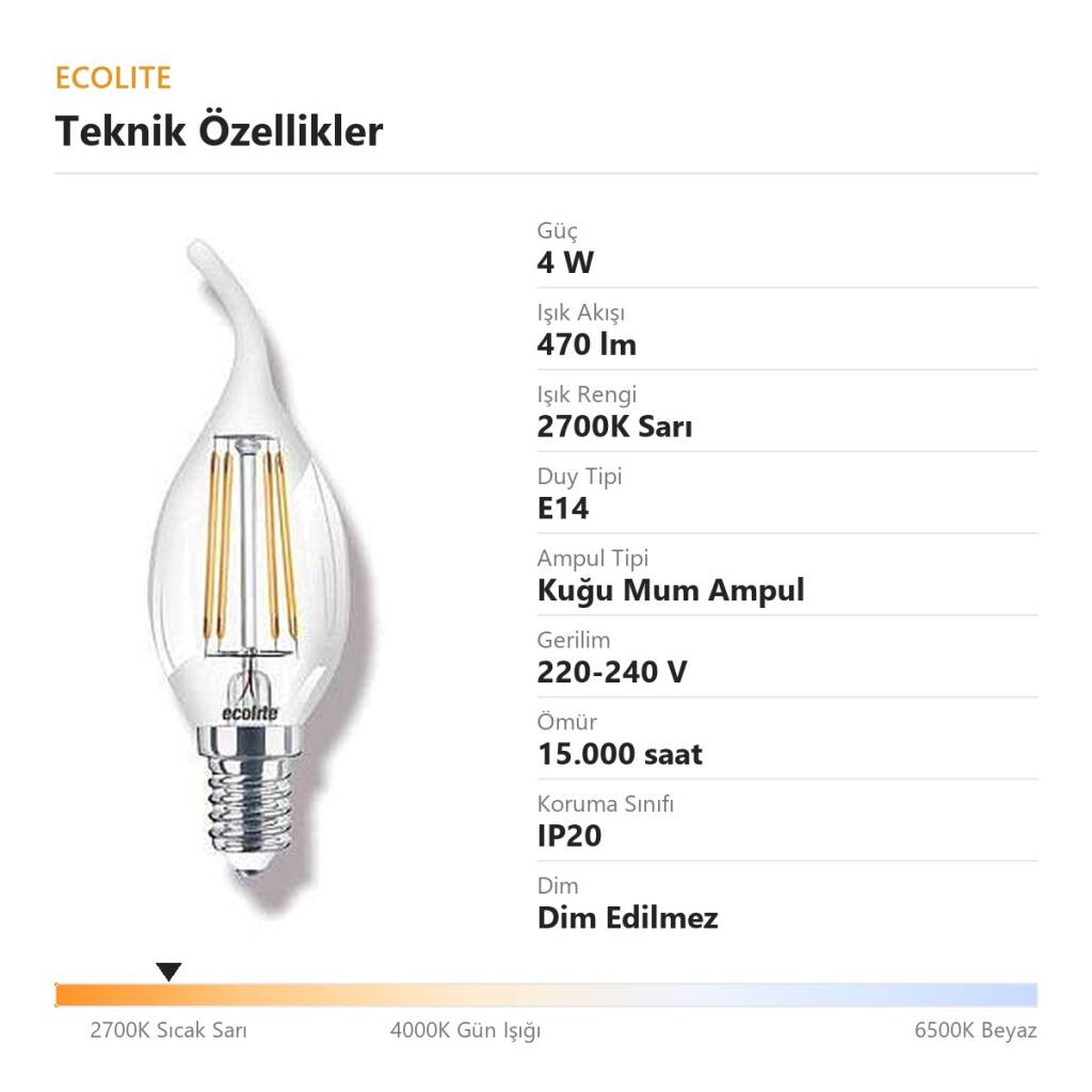 Ecolite 4W SARI 2700K LED FILAMENT CANDLE FLAME Ampul 220V Şeffaf Cam 470 lümen 15.000 Saat Ömür - 4