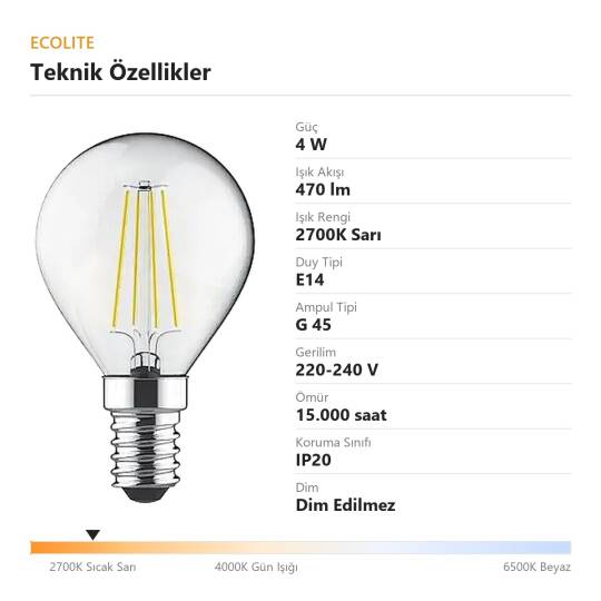 Ecolite 4W SARI 2700K LED FILAMENT G45 Ampul 220V Şeffaf cam 470 Lümen 15.000 Saat Ömür - 4