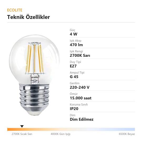 Ecolite 4W SARI 2700K LED FILAMENT G45 Ampul 220V Şeffaf cam 470 Lümen 15.000 Saat Ömür - 4