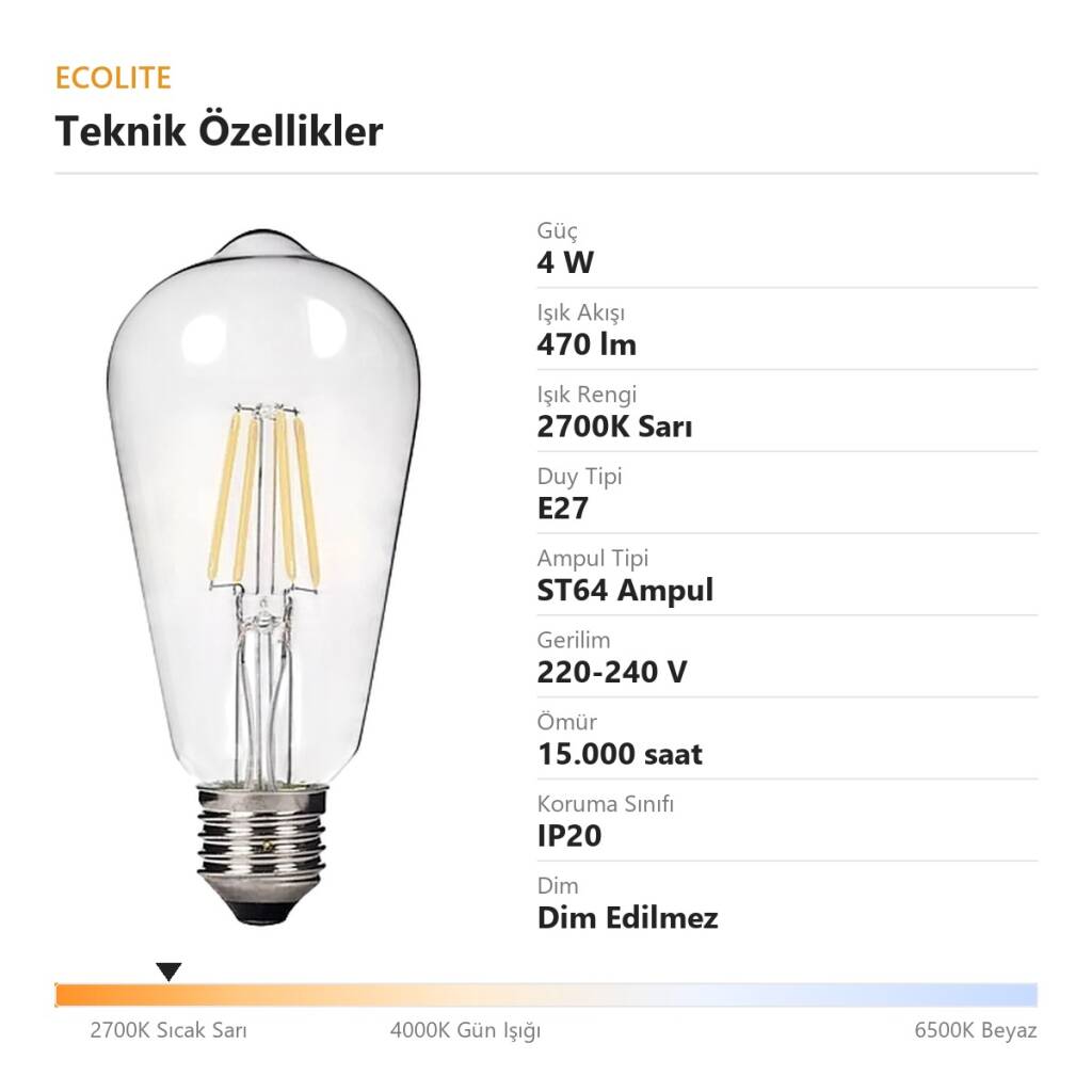 Ecolite 4W SARI 2700K LED FILAMENT ST64 Ampul 220V Şeffaf Cam 470 lümen 15.000 Saat Ömür - 4