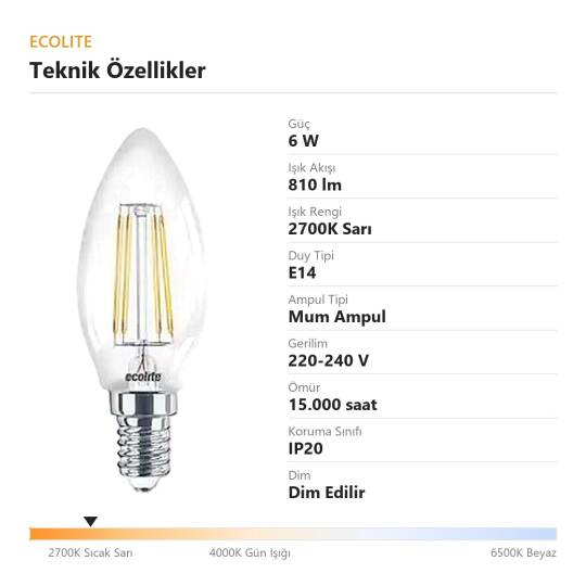 Ecolite 6W SARI 2700K LED DIMMABLE FILAMENT CANDLE Ampul 810LM 220V Şeffaf Cam 15.000 Saat Ömür - 4