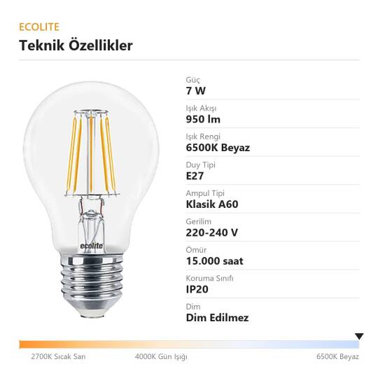 Ecolite 7W BEYAZ 6500K LED FILAMENT A60 Ampul 220V Şeffaf Cam 950 Lümen 15.000 Saat Ömür - 4