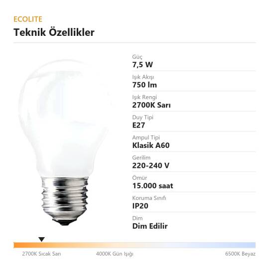 Ecolite 7,5W SARI 2700K LED DIMMABLE SOFT FILAMENT A60 Ampul 220V Soft Cam 750 Lümen 15.000 Saat Ömür - 4