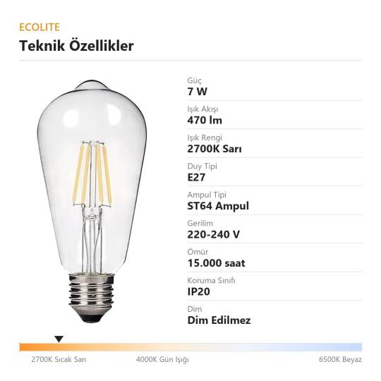 Ecolite 7W SARI 2700K LED FILAMENT ST64 Ampul 220V Şeffaf Cam 470 lümen 15.000 Saat Ömür  - 4