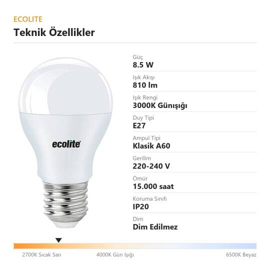 Ecolite 8,5W GÜNIŞIĞI 3000K LED AMPUL CLASSIC A60 Ampul 220V Opal cam 810 Lümen 15.000 Saat Ömür - 4