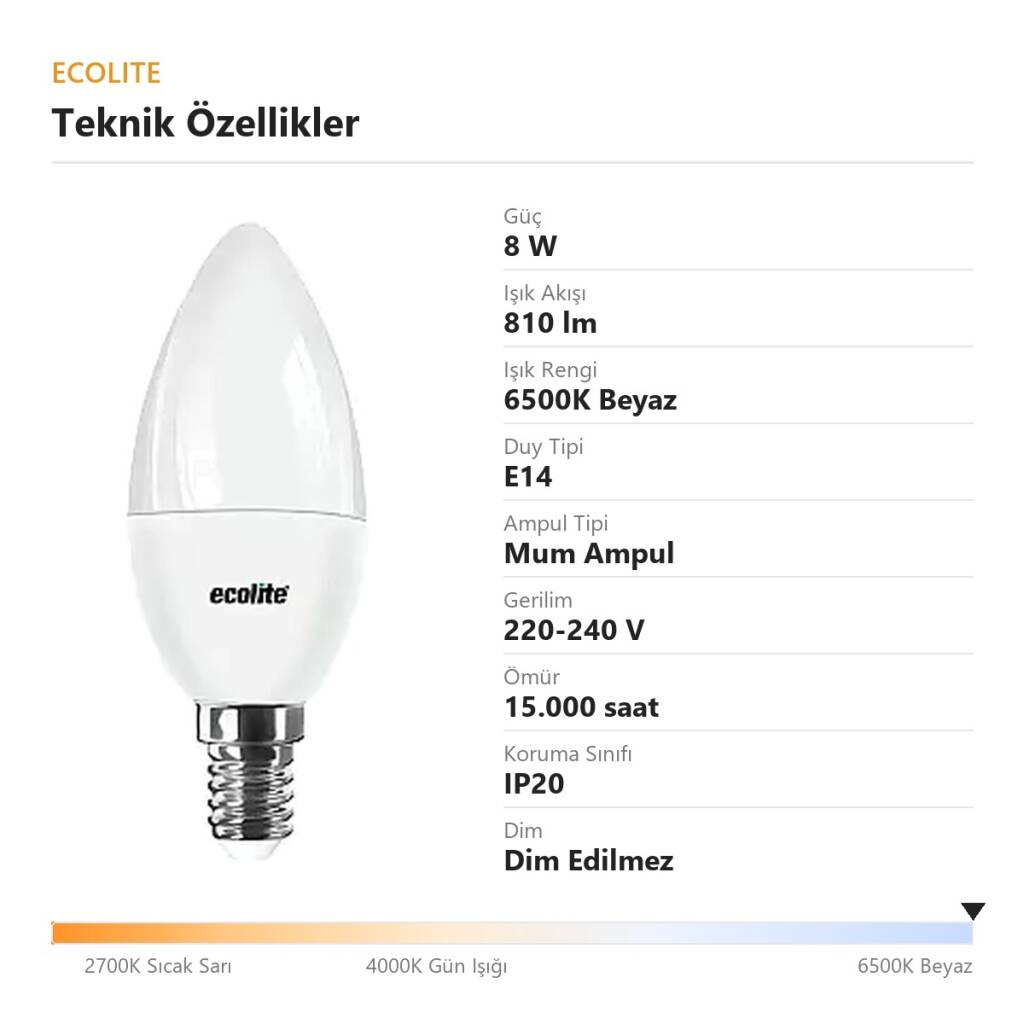 ECOLİTE 8W BEYAZ 6500K LED CANDLE Ampul : 220V -Opal cam - 810 LM - 15.000 saat ömür - 4